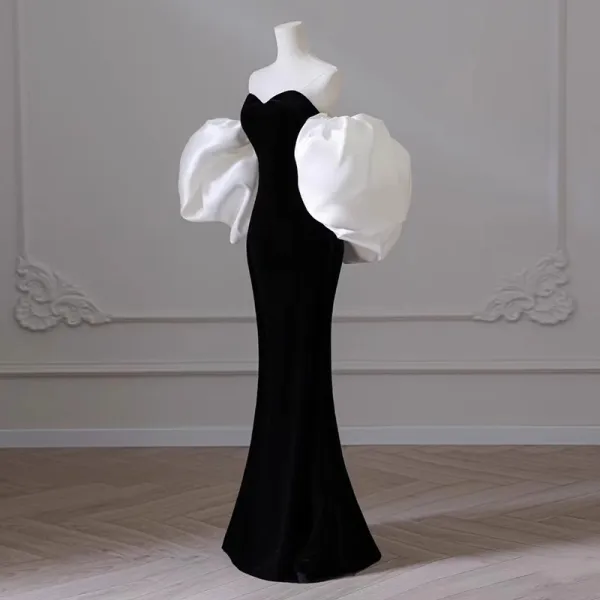Modest  Black Evening Dresses 2023 Trumpet / Mermaid Strapless Puffy Short Sleeve Backless Floor-Length / Long Evening Party Formal Dresses