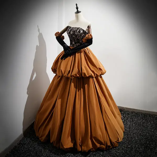 Chic / Beautiful Caramel Cascading Ruffles Prom Dresses 2022 A-Line / Princess Strapless Sleeveless Backless Floor-Length / Long Prom Formal Dresses