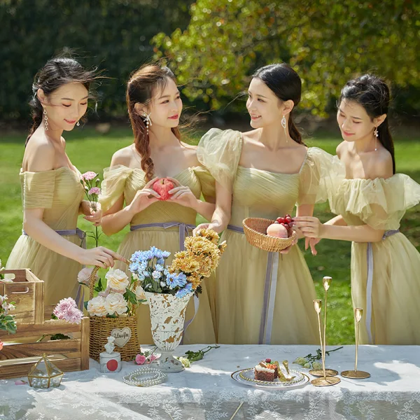 Modest / Simple Sage Green Bridesmaid Dresses 2022 A-Line / Princess  Off-The-Shoulder Short Sleeve Backless
