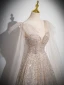 Charming Champagne Beading Sequins Prom Dresses 2024 A-Line / Princess Scoop Neck Short Sleeve Backless Floor-Length / Long Prom Formal Dresses