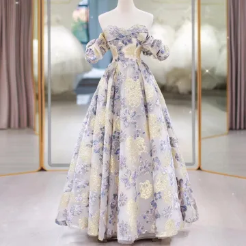 Chic Beautiful Lavender Printing Prom Dresses 2025 A Line Princess Off The Shoulder Short Sleeve Backless Floor Length Long Prom Formal Dresses