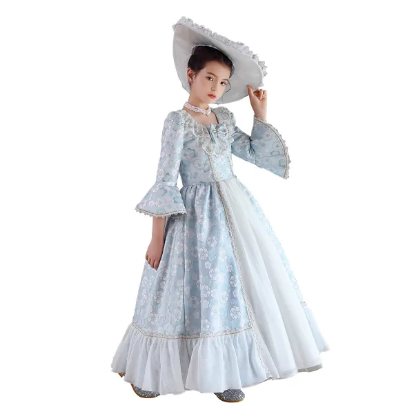 Medieval Vintage / Retro Sky Blue Printing Birthday Flower Girl Dresses 2023 A-Line / Princess Scoop Neck Bow Pearl 3/4 Sleeve Floor-Length / Long Flower Girl Dresses