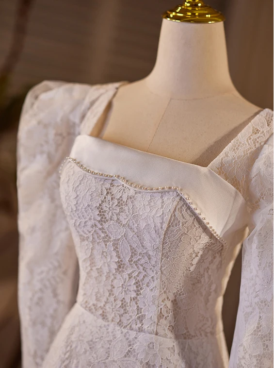 Vintage / Retro Ivory Lace Flower Wedding Dresses 2024 A-Line / Princess Square Neckline Long Sleeve Backless Floor-Length / Long