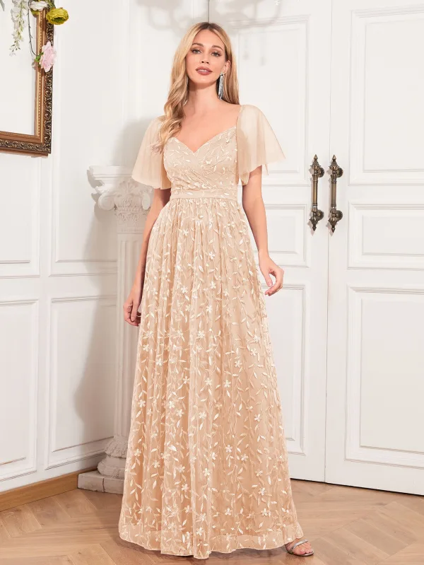 Elegant Blushing Pink Lace Flower Prom Dresses 2024 A-Line / Princess Square Neckline Short Sleeve Backless Floor-Length / Long Prom Formal Dresses