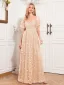 Elegant Blushing Pink Lace Flower Prom Dresses 2024 A-Line / Princess Square Neckline Short Sleeve Backless Floor-Length / Long Prom Formal Dresses