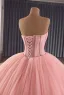 High End Pink Perlenstickerei Fallende Rüsche Brautkleider / Hochzeitskleider 2025 Ballkleid Bandeau Ärmellos Rückenfreies Kapelle-Schleppe Hochzeit
