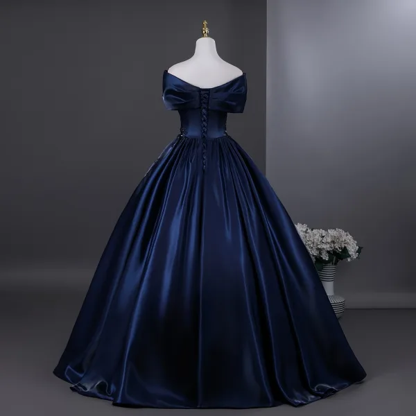 Vintage / Retro Navy Blue Beading Sequins Prom Dresses 2025 Ball Gown Off-The-Shoulder Short Sleeve Backless Floor-Length / Long Formal Dresses