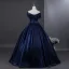 Vintage / Retro Navy Blue Beading Sequins Prom Dresses 2025 Ball Gown Off-The-Shoulder Short Sleeve Backless Floor-Length / Long Formal Dresses