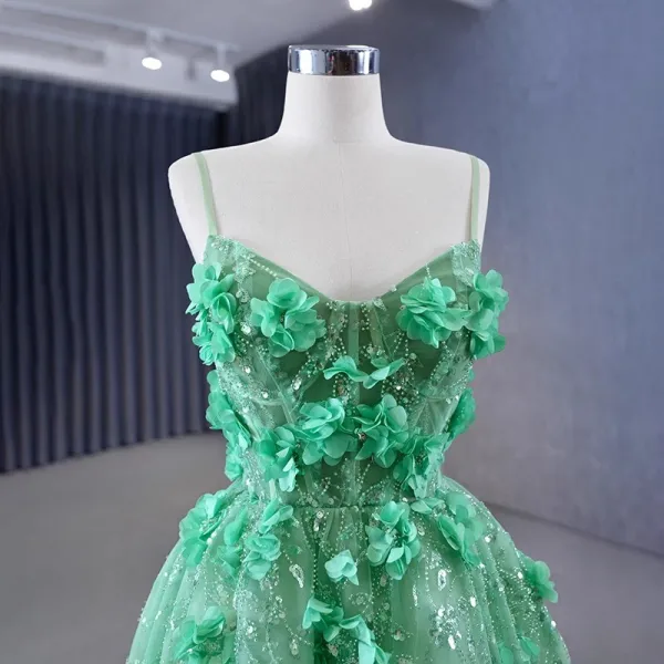 High-end Green Beading Appliques Sequins Prom Dresses 2023 A-Line / Princess Spaghetti Straps Sleeveless Backless Floor-Length / Long Prom Formal Dresses