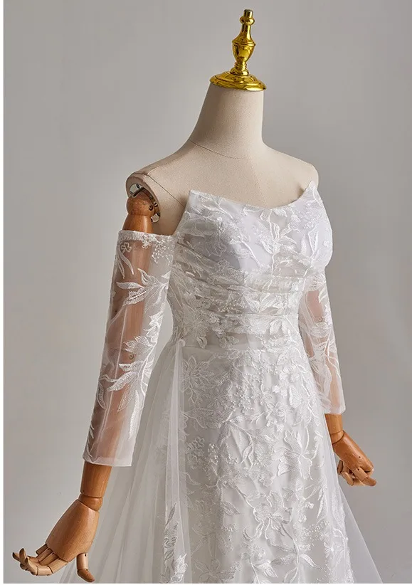 Schlicht Weiß Spitze Blumen Leichtes Brautkleider / Hochzeitskleider 2025 A Linie Off Shoulder Lange Ärmel Rückenfreies Sweep / Pinsel Zug