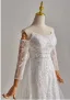 Schlicht Weiß Spitze Blumen Leichtes Brautkleider / Hochzeitskleider 2025 A Linie Off Shoulder Lange Ärmel Rückenfreies Sweep / Pinsel Zug