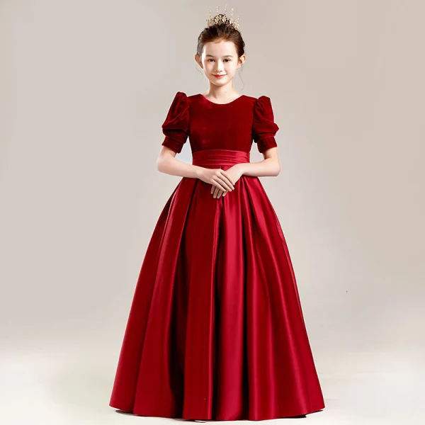Vintage / Retro Satin Black Birthday Prom Flower Girl Dresses 2022 A-Line / Princess Scoop Neck Short Sleeve Floor-Length / Long Flower Girl Dresses