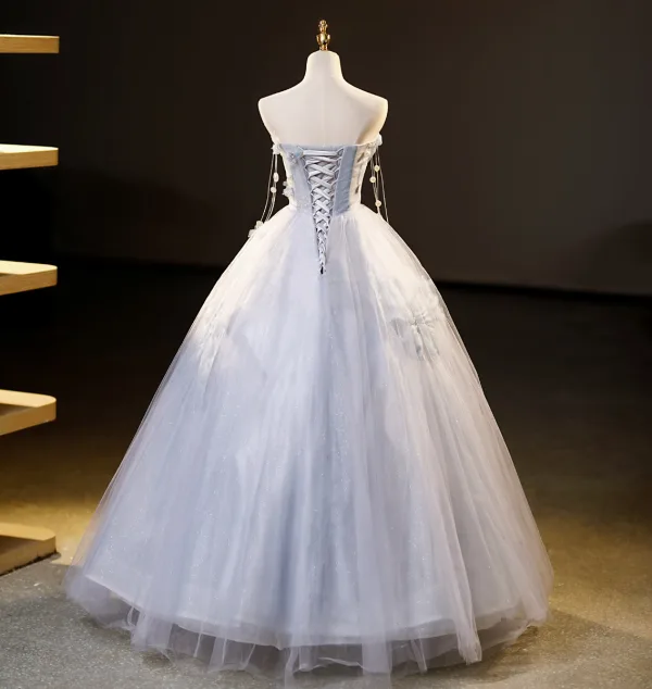 Charming Sky Blue Glitter Pearl Sequins Prom Dresses 2023 Ball Gown Strapless Sleeveless Backless Floor-Length / Long Prom Formal Dresses