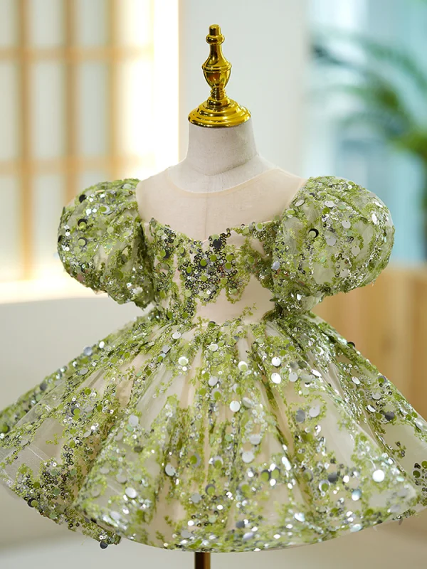 Charming Sage Green Beading Sequins Birthday Short Flower Girl Dresses 2023 Ball Gown Scoop Neck Puffy Short Sleeve