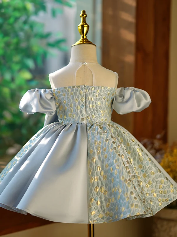 Fashion Silver Grey Birthday Short Flower Girl Dresses 2023 Ball Gown Scoop Neck Puffy Short Sleeve