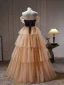 Chic / Beautiful Champagne Cascading Ruffles Prom Dresses 2023 A-Line / Princess Off-The-Shoulder Rhinestone Sleeveless Backless Floor-Length / Long Prom Formal Dresses