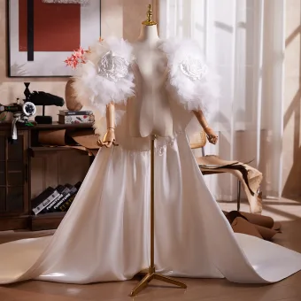 High End White Flower Handmade Satin Short Sleeve Prom Shawl 2026