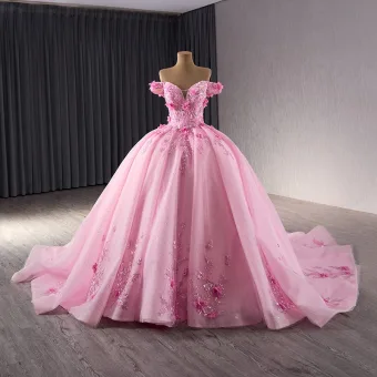 Haut De Gamme Charmant Rose Bonbon Fait Main Perlage Appliques Paillettes Robe De Bal 2024 Robe Boule De L Épaule Sans Manches Dos Nu Chapel Train Promo