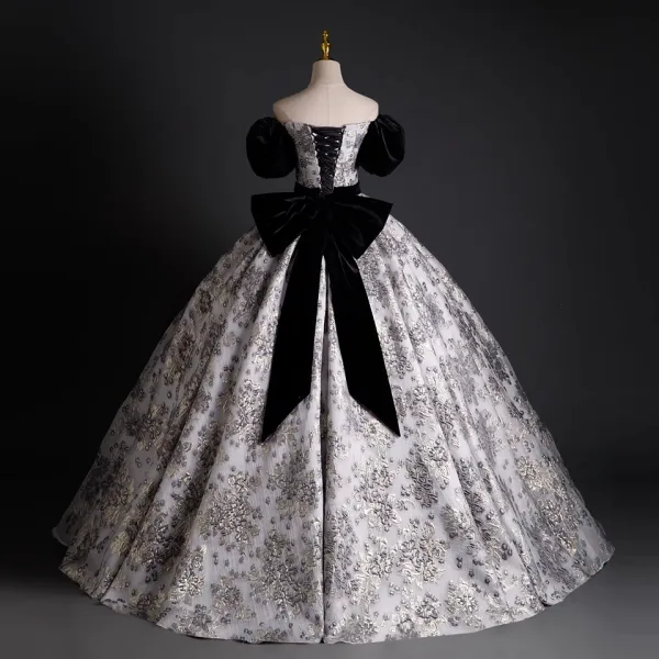 Elegant Black Printing Prom Dresses 2023 Ball Gown Off-The-Shoulder Puffy Short Sleeve Backless Bow Floor-Length / Long Prom Formal Dresses