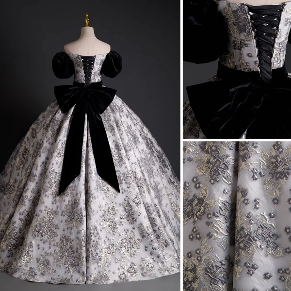 Elegant Black Printing Prom Dresses 2023 Ball Gown Off-The-Shoulder Puffy Short Sleeve Backless Bow Floor-Length / Long Prom Formal Dresses
