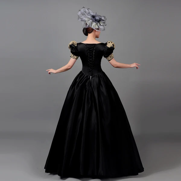 Vintage / Retro Medieval Black Beading Sequins Lace Flower Prom Dresses 2022 Ball Gown U-Neck Puffy Short Sleeve Floor-Length / Long Formal Dresses