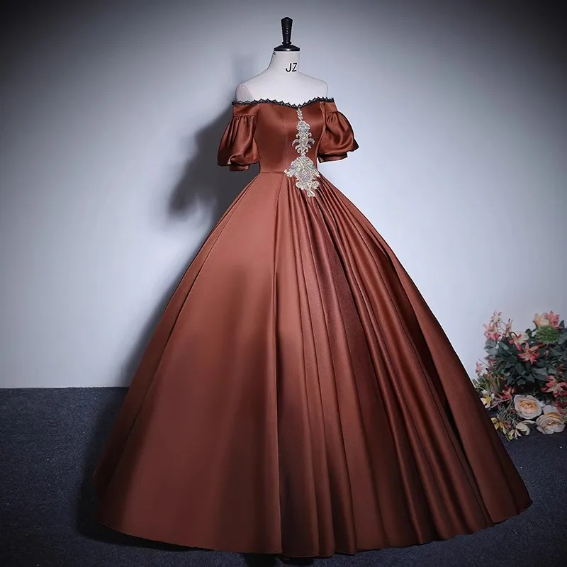 chinese dress ladies Brown Jersey Shiny Lace Long Sleeve High Neck Prom Dresses ,PD00301 –  AlineBridal