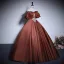 Vintage / Retro Brown Satin Prom Dresses 2023 Ball Gown Off-The-Shoulder Lace Flower Short Sleeve Sequins Backless Floor-Length / Long Prom Formal Dresses