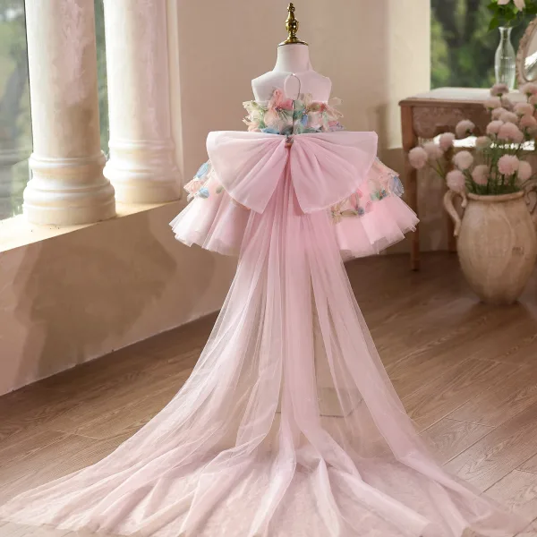 Flower Fairy Blushing Pink Beading Appliques Sequins Birthday Short Flower Girl Dresses 2025 Ball Gown Scoop Neck Sleeveless Backless Tulle