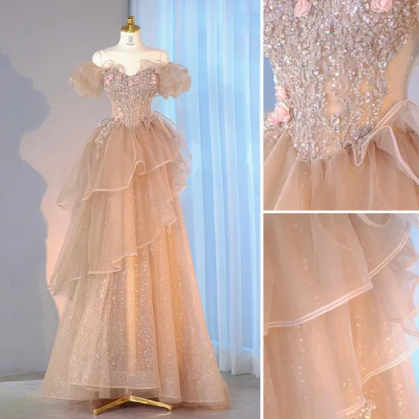 Charmant Champagne Perlage Paillettes Volants en Cascade Robe De Soirée 2022 Princesse De l'épaule Dos Nu Manches Courtes Longue Soirée Robe De Ceremonie