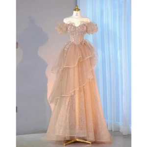 Charming Champagne Beading Sequins Cascading Ruffles Evening Dresses 2022 A Line Princess Off The Shoulder Backless Short Sleeve Floor Length Long Evening Party Formal Dresses