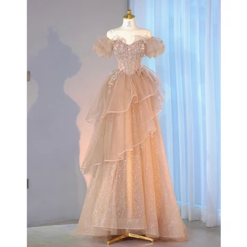 Charming Champagne Beading Sequins Cascading Ruffles Evening Dresses 2022 A Line Princess Off The Shoulder Backless Short Sleeve Floor Length Long Evening Party Formal Dresses