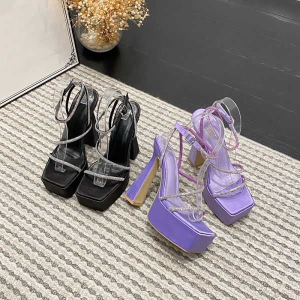 Uroczy Lawenda Wieczorowe Rhinestone Sandały Damskie 2023 Z Paskiem 15 cm Szpilki Peep Toe Sandały Wysokie Obcasy