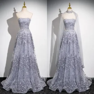 Bling Bling Grey Beading Sequins Prom Dresses 2024 A Line Princess Strapless Sleeveless Backless Floor Length Long Prom Formal Dresses