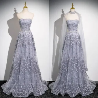 Bling Bling Gris Perlage Paillettes Robe De Bal 2024 Princesse Bustier Sans Manches Dos Nu Longue Promo Robe De Ceremonie