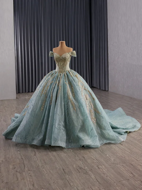 Luxury / Gorgeous Mint Green Handmade  Beading Sequins Prom Dresses 2025 Ball Gown Off-The-Shoulder Short Sleeve Backless Chapel Train Formal Dresses