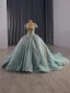 Luxury / Gorgeous Mint Green Handmade  Beading Sequins Prom Dresses 2025 Ball Gown Off-The-Shoulder Short Sleeve Backless Chapel Train Formal Dresses