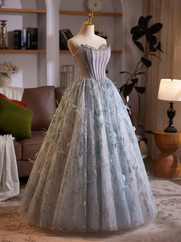 High-end Corset Silver Grey Prom Dresses 2025 Beading Feather Sweet 16 Dancing Formal Dresses Off-The-Shoulder Floor-Length / Long Sleeveless