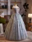 High-end Corset Silver Grey Prom Dresses 2025 Beading Feather Sweet 16 Dancing Formal Dresses Off-The-Shoulder Floor-Length / Long Sleeveless