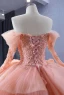Luxury / Gorgeous Candy Pink Handmade  Beading Pearl Sequins Lace Flower Appliques Cascading Ruffles Prom Dresses 2023 Ball Gown Off-The-Shoulder 3/4 Sleeve Backless
