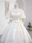 Modest / Simple Elegant Ivory Lace Flower Satin Wedding Dresses 2023 Ball Gown High Neck Short Sleeve Bow Sash Floor-Length / Long Wedding