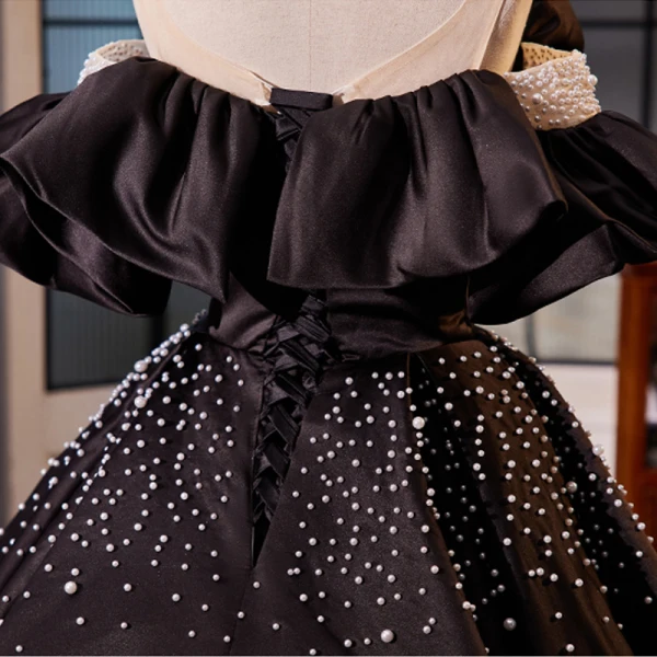 Elegant Black Pearl Satin Prom Dresses 2023 Ball Gown Off-The-Shoulder Puffy Short Court