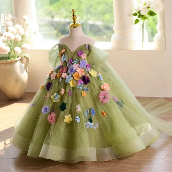 Flower Fairy Sage Green Multi-Colors Appliques Birthday Flower Girl Dresses 2025 Ball Gown Off-The-Shoulder Short Sleeve Backless Floor-Length / Long
