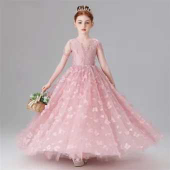 Chic Beautiful Blushing Pink Beading Sequins Butterfly Appliques Birthday Flower Girl Dresses 2025 Ball Gown V Neck Sleeveless Floor Length Long