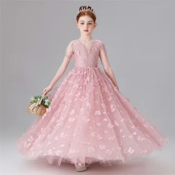 Chic Beautiful Blushing Pink Beading Sequins Butterfly Appliques Birthday Flower Girl Dresses 2025 Ball Gown V Neck Sleeveless Floor Length Long