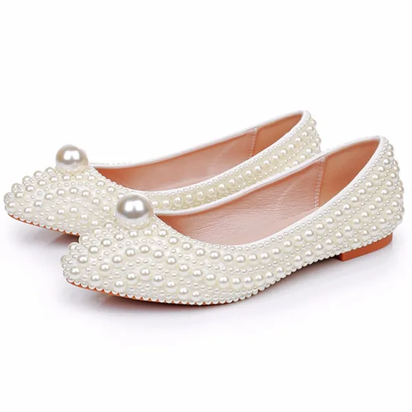 Chic / Beautiful White Pearl Flat Wedding Shoes 2025 Pointed Toe Wedding Heels