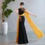 Chinese style Black Gold Lace Flower Evening Party Cheongsam 2025 Trumpet / Mermaid High Neck Cap Sleeves Floor-Length / Long Cheongsam / Qipao