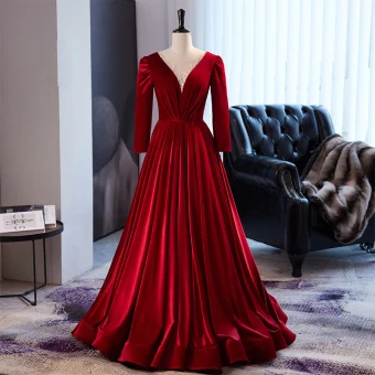 Modest Simple Burgundy Suede Velour Prom Dresses 2023 A Line Princess Scoop Neck Beading Sequins 3 4 Sleeve Floor Length Long Prom Formal Dresses