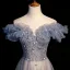 Chic / Beautiful Sky Blue Beading Pearl Sequins Prom Dresses 2022 A-Line / Princess Off-The-Shoulder Short Sleeve Backless Floor-Length / Long Prom Formal Dresses