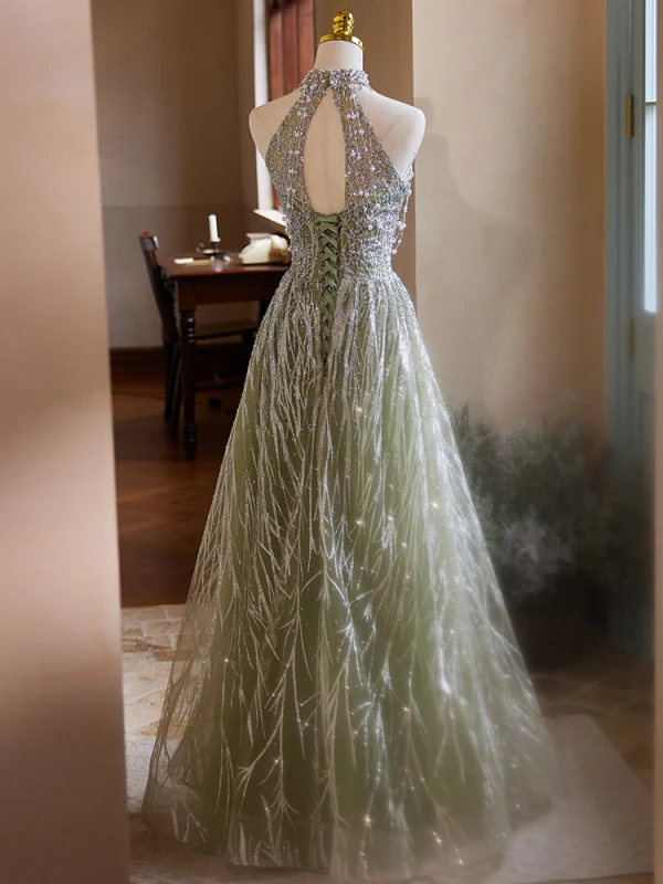 Sparkly Sage Green Beading Pearl Glitter Prom Dresses 2024 A-Line / Princess Halter Sleeveless Backless Floor-Length / Long Prom Formal Dresses