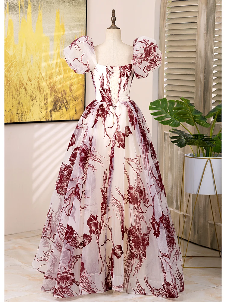 Chic Beautiful Burgundy Printing Prom Dresses 2024 A Line Princess Square Neckline Puffy Short Sleeve Backless Floor Length Long Prom Formal Dresses Chic Beautiful Burgundy Printing Prom Dresses 2024 A Line Princess Square Neckline Puffy Short Sleeve Backless Floor Length Long Prom Formal Dresses